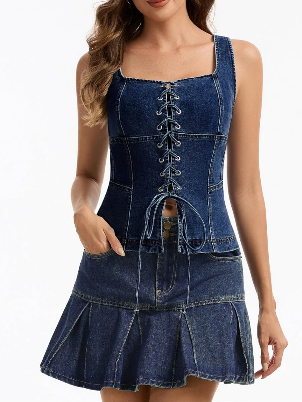 Denim Lace-Up Corset Top - Dark Blue